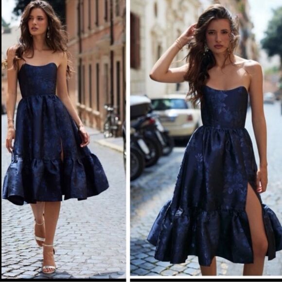 NEW V. Chapman Virginia Corset Strapless Midi Dress Navy Baroque Floral Size 2 - Picture 2 of 9